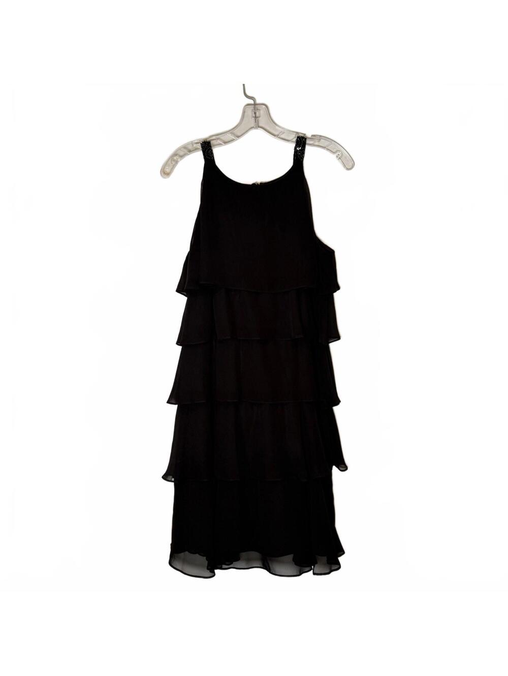 Scarlett Nite Dress Womens 12 Black Tiered Chiffon Beaded Strap Cocktail Midi